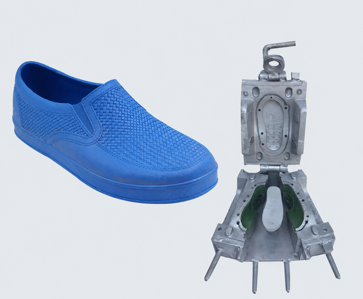 Ivory molded slide and teal casual slip-on samples on a footwear development workbench.